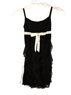 BCX Girl Black Spaghetti Strap Dress Size 10 White Bow Ruffles Chiffon Lined Y2K
